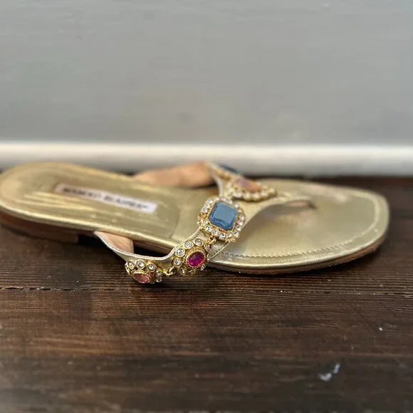 Manolo Blahnik Gold Leather Jeweled Flats - sz 38 (runs small - best for a 37) - Picture 10 of 10
